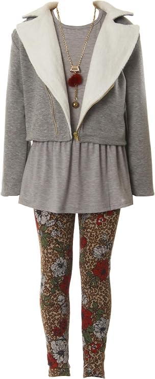 Image of iGirlDress Girls 4 Pieces Pant Set Long Sleeve Jacket Necklace Floral Plaid Pant 4-16