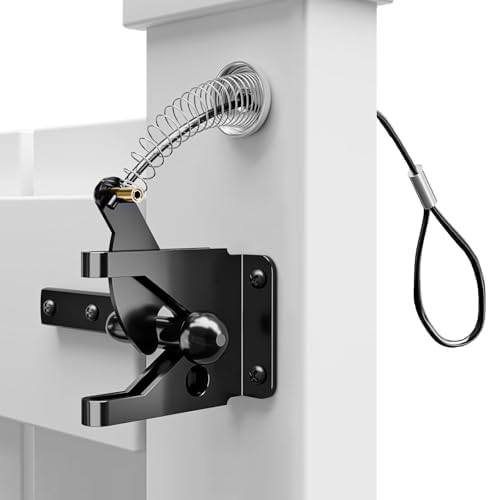 Self Locking Gate Latch with Spring Cable Pull, Heavy Duty Carbon Steel, Black Finish, for Wooden Fences, Vinyl, Metal Gates, Weather Resistant and Secure