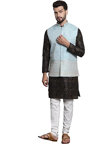 Image of SOJANYA (Since 1958 Men's Cotton Linen Maroon Kurta and White Pyjama with Mustard Cotton Nehru Jacket
