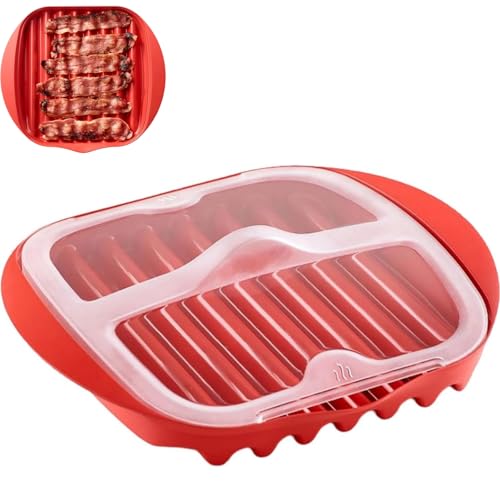 Mikrowellen-Speckschale mit Spritzdeckel - BPA-freier Speckkocher für schnellen, knusprigen Speck & Würstchen, gesundes Fettabtropfen Grill, leicht zu reinigendes Küchenutensil (rot)
