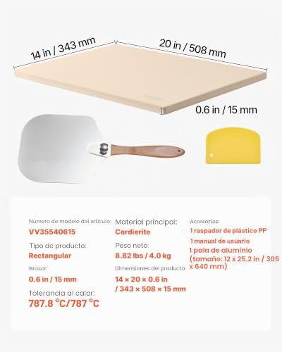 Miniatura 7 de Vevor Piedra Para Hornear Pizza De 508 X 355 Mm, Rectangular De Cordierita, Placa Extragrande Con Raspador Y Pala, 1,5 Cm De Grosor, Resistente Al Calor Hasta 787 C, Para Horno, Pan Y Pizza
