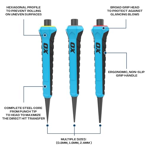 OX Pro Nagelstanzer, 3er-Pack (0,8 mm, 1,6 mm, 2,4 mm), geschmiedeter gehärteter Stahl, rutschfeste Griffe, sechseckiges Anti-Roll-Design für Stabilität, farbcodiertes Körner-Set