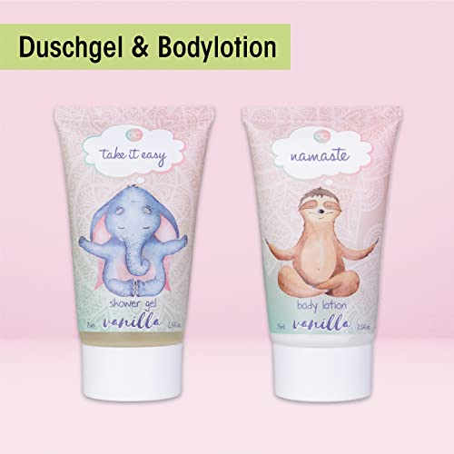 Accentra - Anti-Stress Bade- & Duschset mit Vanilleduft - Geschenk Set zur Entspannung für Frauen zum Geburtstag oder Weihnachten - 5-Teiliges Wellness Geschenk- & Pflegeset mit Mini Deko-Badewanne