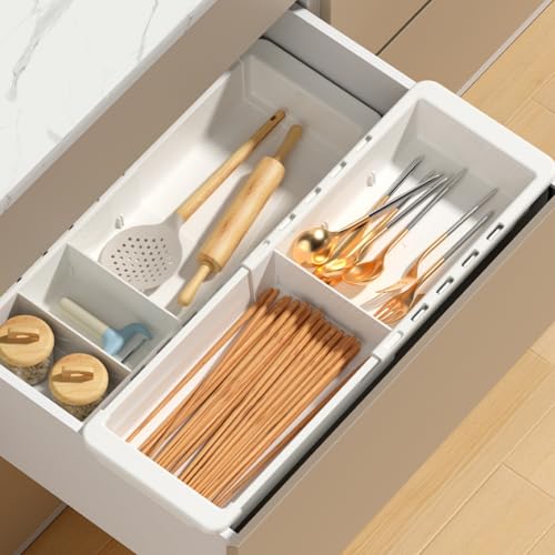 EooUooIP Sliding Drawer Tray with Adjustable Dividers, Expandable Kitchen Storage