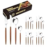 AUXOM Faqueiro 24 Peças em Aço Inox 416 - Jogo de Talheres Premium com Caixa Litografada, Alças de Madeira e Polido de faca e garfo Conjunto para Mesa Posta e Utensílios de Casa/Restaurante (Prata)