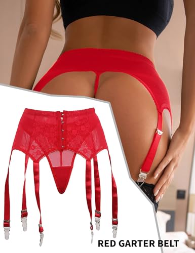Image of ohyeah Plus Size High Waist Garter Belt Set Lace Mesh Suspender Belt with 6 Vintage Metal Clip for Stockings