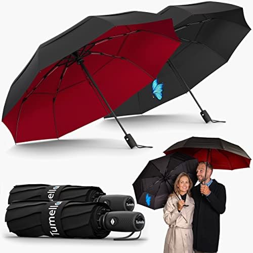 TUMELLA 2-pack, Unbreakable Windproof Travel Umbrella (Light, Beautiful, Superior), 2023 Ultra-Flex Tech, Compact, Small, Portable, Automatic, Strong, Durable, Premium Grip, Vibrant Designs, Folding Umbrella, 9-rib, Burgundy Red & Morph Butterfly