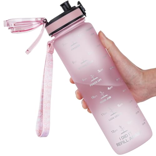 GOPPUS 1L/32oz Tritan Water Bottle (No Straw)-Soft Matte Finish Drink Bottle with Measurements Bottles with Lockable Flip Top Motivational Bottles with Time Marks for Adults BPA Free (Pink)