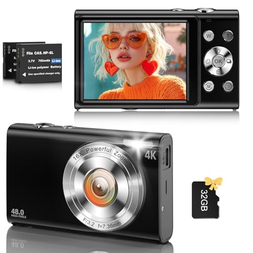 Image of Digital Camera, 4K Vlogging Camera for YouTube Autofocus Cameras for Photography with 16X Digital Zoom, 48MP Compact Point and Shoot Digital Camera for Teens Adult with 32GB SD Card, 2 Batteries-Black