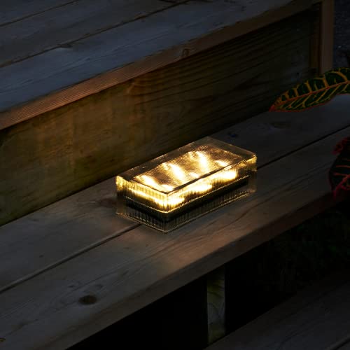 Solar Brick Outdoor Light - 8x4 Large Glass Paver, Striped Texture, 6 Warm White LED Lights, Waterproof, Landscape Lighting, No Wires, Easy to Install - Rechargeable Battery Included