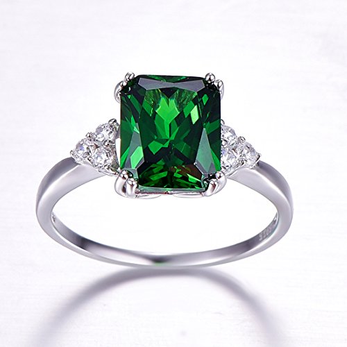 Engagement Rings for Women, 925 Sterling Silver Ring, 8x10mm Simulated Emerald Promise Rings for Her2