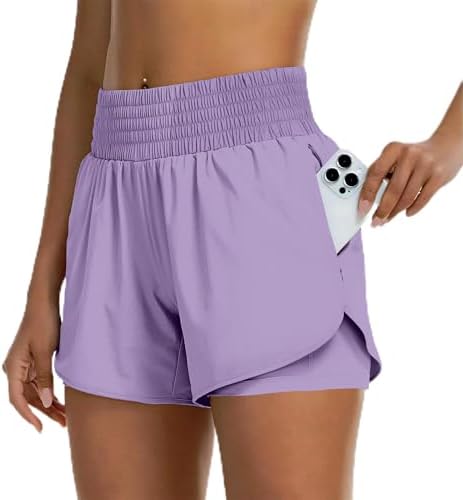 GEVECORI 2 in 1 Laufshorts Damen - Kurze Sporthose mit 2 Taschen | Reissverschlusstaschen, High Waist Gesmokt fuer Running & Gym.