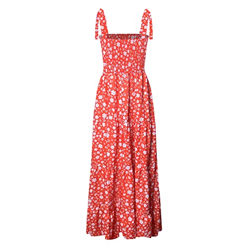 Image of kinstell Women's Summer Boho Spaghetti Strap Square Neck Ruffle Casual Flowy Long Dress Beach Swing Party Maxi Dress