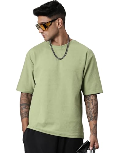 Image of Men's Stylish Round Neck Textured 3 /4th Sleeve Oversized T-Shirt (Pista Green)