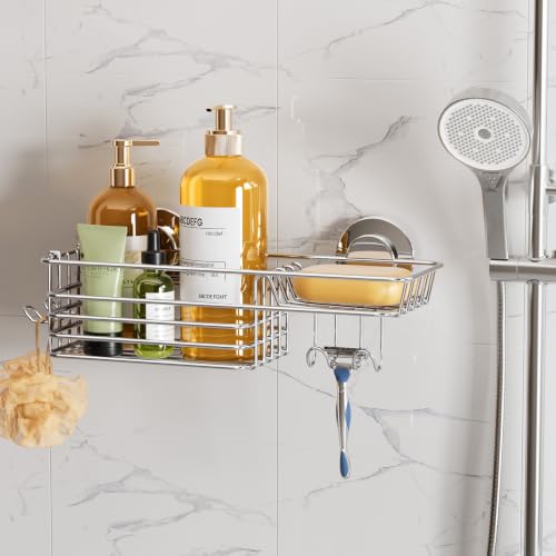 Image of LEVERLOC Shower Caddy Suction Cup, Silver Shower Organizer With Hooks