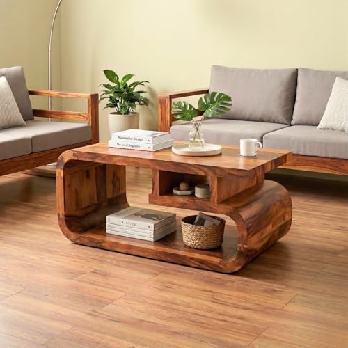 Image of SONA ART & CRAFTS Sheesham Wooden Center Coffee Table for Living Room Home with Shelf Storage | Wooden Coffee Table | Center Table for Living Room | Tea Table | Natural Teak Finish