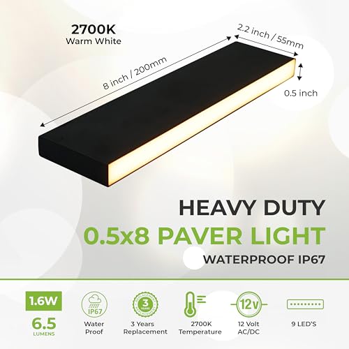 Image of LUMENGY Paver Light Slim 0.5x8 Inch (0.55x7.87), 2700K Warm White, Glare-Free Linear Lighting for Driveways, Walkways and Paver Borders, 12V Hardwired, IP67 Waterproof, Drive-Over Rated