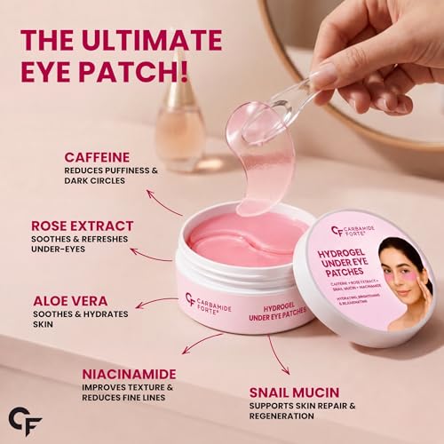Image of Carbamide Forte Hydrogel Under Eye Patches For Dark Circles | Under Eye Mask with Caffeine, Rose Extract, Niacinamide | Reduces Dark Circles & Puffiness | Hydrating & Brightening Eye Patches | 60 Patches (30 Pairs)