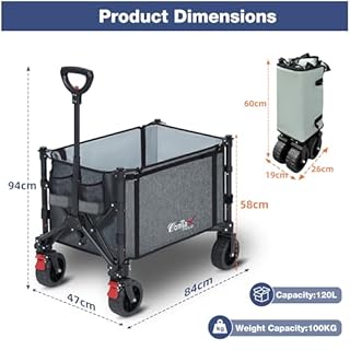 COMLAX FIELD Chariot à main pliable avec grandes roues tout-terrain, 120 L, 100 kg, chariot pliable avec freins, chariot de plage pour plage, jardin, camping, shopping, gris