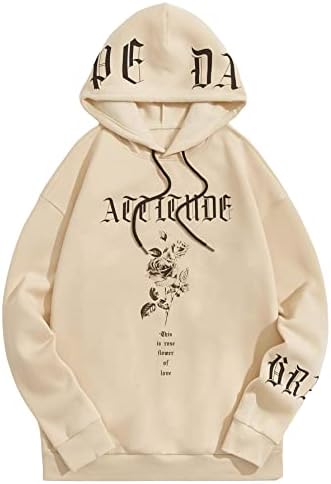 WDIRARA Men's Letter Floral Print Drawstring Long Sleeve Hoodie Casual Sweatshirt Beige S
