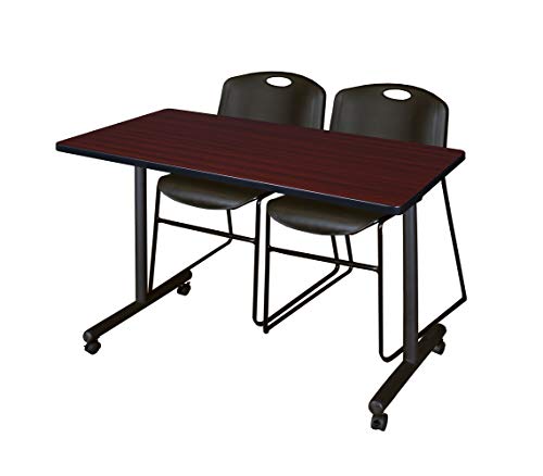 Image of Regency Kobe 48 x 24 in. Mobile T-Base Training Table- Mahogany, 2 Zeng Stack Chairs- Black