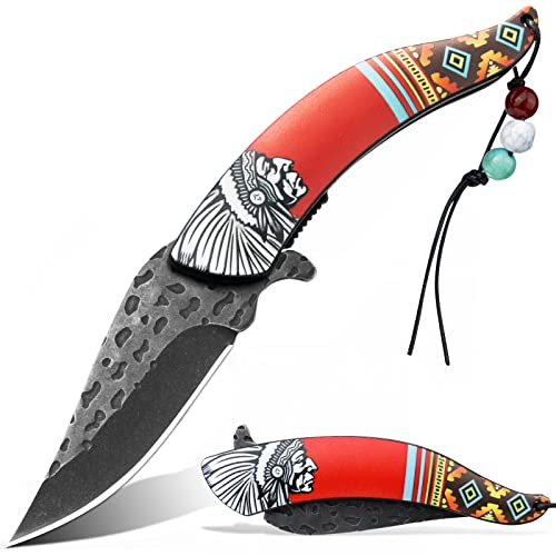 VALHALLA INDIANS Pocket Folding Knife, Vintage Art Native American Outdoor Survival Knife With 3D Retro Embossed Pattern, Cool EDC Gift For Men