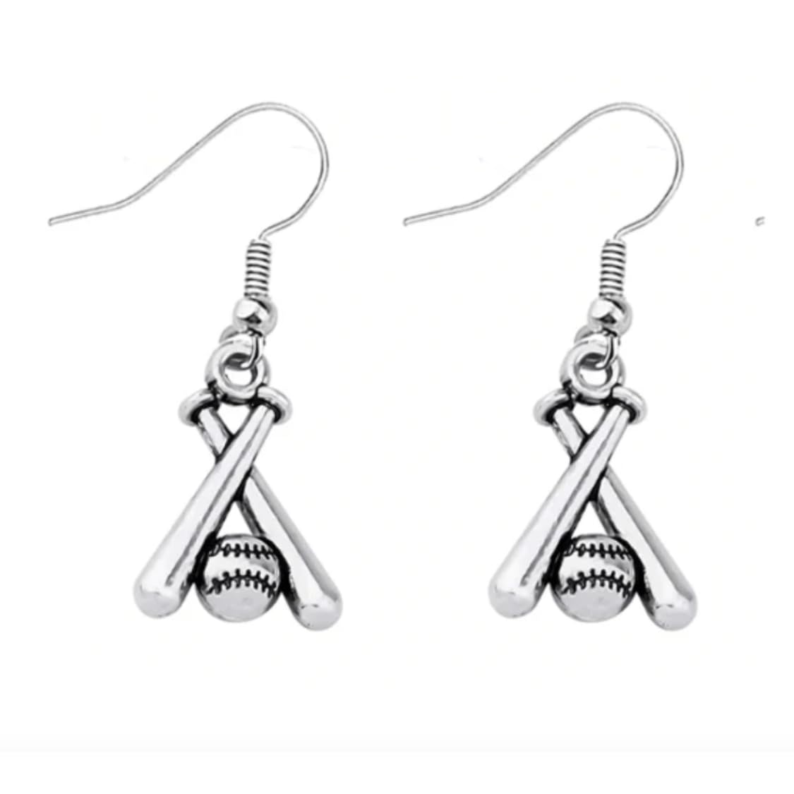 Baseball Bat Earrings – Silver Tone Dangle Earrings with Crossed Bats and Ball Design – Lightweight Sports Jewelry Gift for Baseball and Softball Players or Fans
