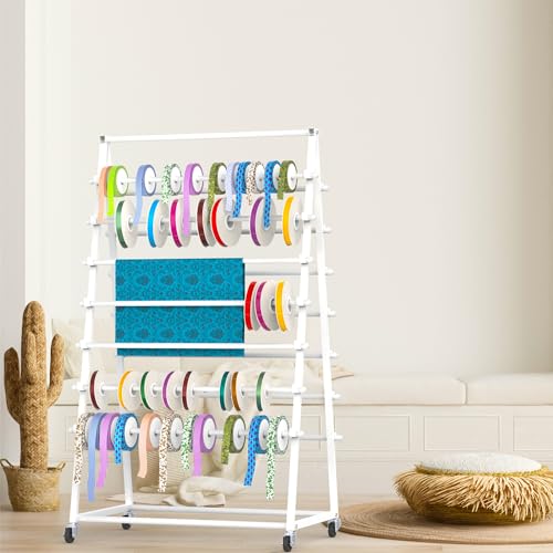 Image of Rolling Ribbon Organizer, 15 Tier Metal Ribbon Holder Organizer Rack, Christmas Craft Gift Wrapping Ribbon Storage Shelf, Ribbon Rack for Craft Room Cake Shop Flower Store, Vinyl Roll Holder (White)