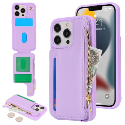Image of Cavor for iPhone 13 Pro Case with Card Holder,for iPhone 13 Pro Wallet Case for Women Men,Leather Magnetic Clasp Zipper Pocket Protective Phone Cover-Purple