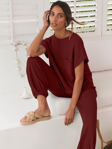 Image of ANRABESS Women's Two Piece Outfits Sweater Sets Knit Pullover Tops and High Waisted Pants Tracksuit Lounge Sets