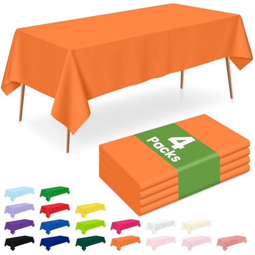 Image of LANLISA 4 Pack Orange Plastic Tablecloth, 54 x 108 Inch Rectangle Table Cloth Disposable, Halloween Party, Thanksgiving Decorations, Harvest, Fall Tablecloths, Plastic Cover