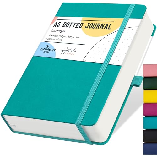 STATIONERY ISLAND Bullet Dotted Journal A5, Thick Notebook 100gsm Paper 360 Pages, Hardback Journal Notebook with Pen Holder