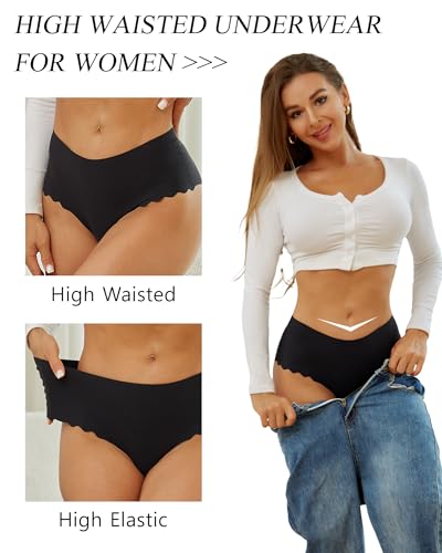 Image of Sth Big High Waisted Seamless Underwear for Women No Show Panties Cheeky Scalloped Edge Bikini Breathable Briefs 6 Pack