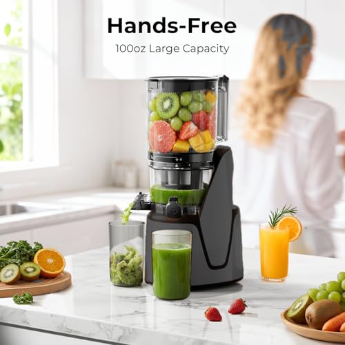 Image of EanOruus Juicer Machines, 3-in-1 Cold Press Juicer with 6.5 inch Extra Large Chute, 100oz Large Capacity, AC Motor, Makes Juice, Nut Milk & Sorbet, brown