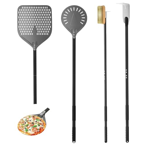 Perforierter Pizzaschieber 12 Zoll, 30 x 112 cm Rechteckiger Pizzaschieber, 23 cm Pizzaschaufel aus Hart Eloxiertes Aluminium, 4er Pizzaofen Set, Pizzaofenbürste, Ascherechen, für Zuhause, Restaurant