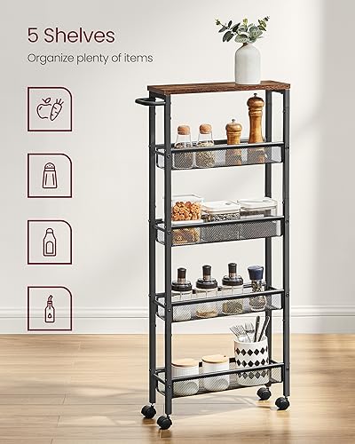 Image of VASAGLE Slim Rolling Cart, 5-Tier Storage Cart, Narrow Carts with Handle, 5.1 Inches Deep, Metal Frame, for Kitchen, Dining Room, Living Room, Home Office, Rustic Brown and Classic Black ULRC034B01
