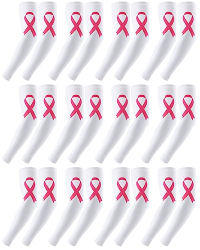 Handepo 12 Pairs Breast Cancer Awareness Sleeves Ribbon Arm Sleeves UV Protection Compression Arm Sleeve for Women Men Youth (White,Small)