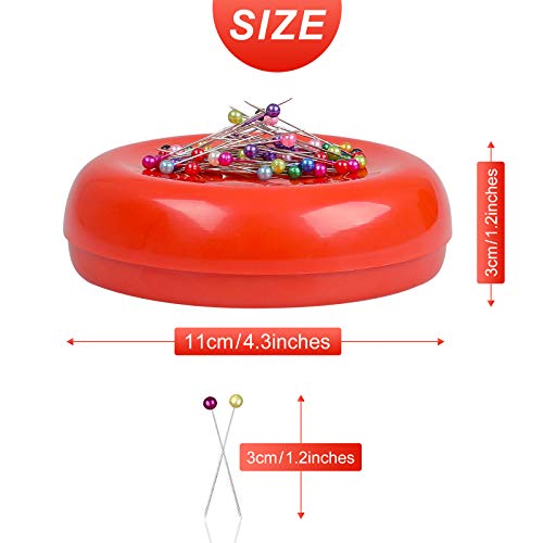 Magnetic Pin Cushion With 200 Pcs Sewing Pins, Round Plastic Magnetic Sewing Cushion, Magnetic Pin Holder For Sewing Needles Push Pins Hair Bobby Pins (Red) #TOP1