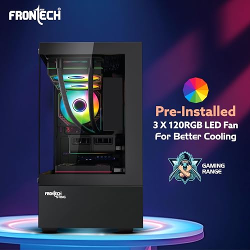 Image of Frontech Sting Gaming Cabinet | Mid-Tower PC Case | ATX & m-ATX Support | Tempered Glass Front & Side Panel | 3 Pre-Installed 120mm RGB Fans | USB 3.0 I /O | Bottom PSU Mount (FT-4348)