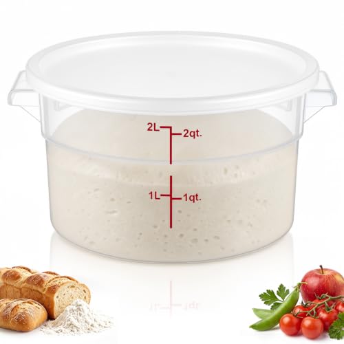 Image of Ziliny 1 Pcs 2 Qt Translucent Dough Proofing Container with Lid, White | Round Food Storage Container, Food Grade Plastic, Airtight Lid and Red Scale, Easy View, Dough Fermentation Kitchen Storage