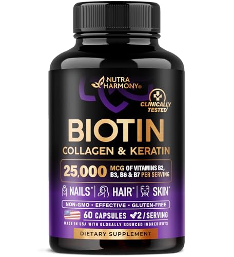 Biotin | Collagen | Keratin – Clinically Tested Supplement – Hair Growth Support, Skin & Nails – 25000 mcg Vitamins B2, B3, B6 & B7 + B1 & Hyaluronic Acid – Made in USA – Women & Men | 60 Capsules