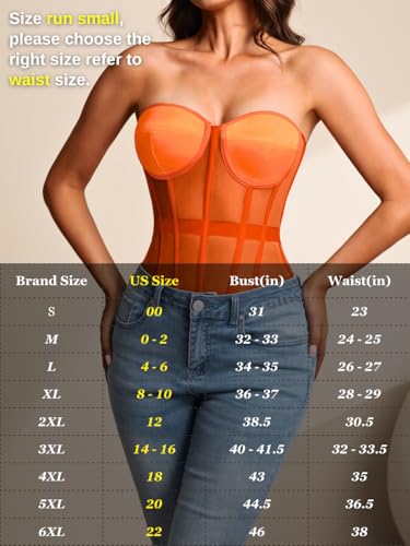 Image of Kaei&Shi Sheer Mesh Overbust Corset,Sexy Strapless Lace Up Satin Bra Corsets Top For Women Shapewear