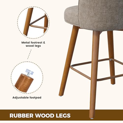 Image of Modern Swivel Bar Stools Set of 3, Chic Upholstered Counter Height(26IN) Bar Chair with Back, Solid Wood Legs and Footrest, Comfortable Chenille Bar Stool for Kitchen Island, Khaki