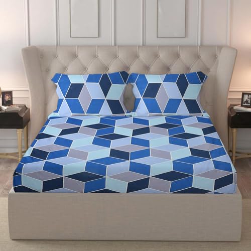 Image of LOOMLYFE 300 TC Cotton Feel Glace Cotton Elastic Fitted Printed Queen Size Double Bed Bedsheet with 2 Pillow Covers Fits Upto 8 inches,Size- 60x78x10 Inches, Blue Rectangle
