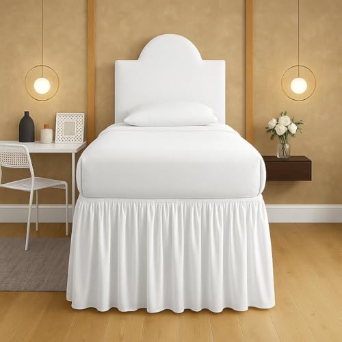 Mattress-Homes Dorm Bed Skirt Twin XL 42 Inch Drop College Beds Twin Extra Long White Microfiber Ruffled Tailored with Split Corners Wrap Around Dust Ruffle for Lofted College Beds