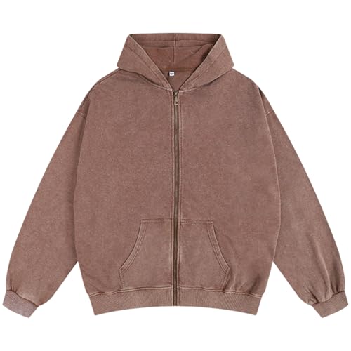 Pairxily Oversized Vintage Cotton Jacket Acid Wash Grunge Basic Zip