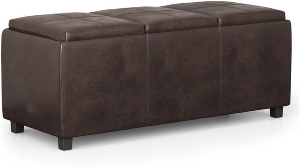 Pemberly Row Faux Air Leather Storage Ottoman, Distressed Brown Upholstery, Solid Wood Frame, 3 Flip Over Serving Trays, Large Interior Storage, Rectangular Bench for Living Room or Bedroom Use