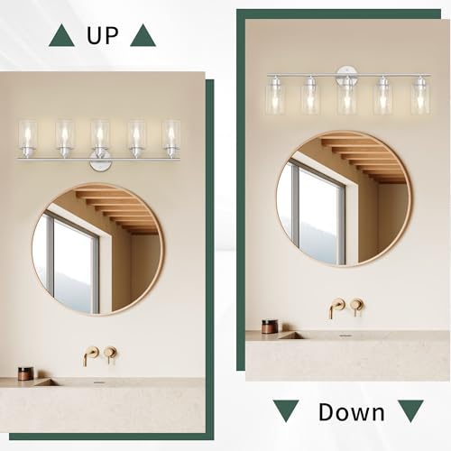 Image of Bathroom Vanity Light Fixtures Brushed Nickel Bathroom Lighting Fixture, 5 Lights Bathroom Light Fixture Over Mirror, Modern Black Vanity Light, Wall Sconces with Glass Shades