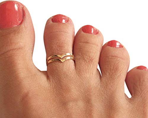 14K Yellow Gold Plated Over 925 Sterling Silver Chevron V Double Band Toe Ring/Knuckle Ring - Small, Adjustable, Dainty Handmade By Miya Jewelry Creations #TOP1