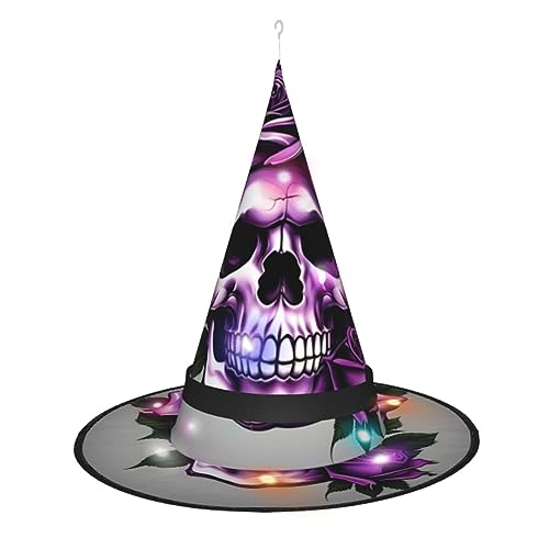 Lila-Rose-Schaedel-Druck-Halloween-Dekorationen-Haengende-beleuchtete-leuchtende-Hexenhut-fuer-Outdoor-Hof-Baum
